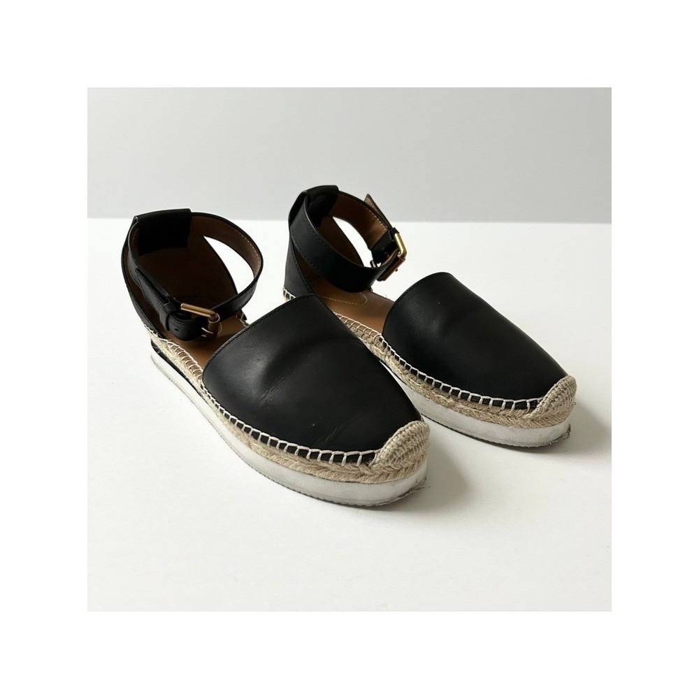 See By Chloe Glyn Black Leather Ankle Strap Espadrille Sandals EU 37 US 7